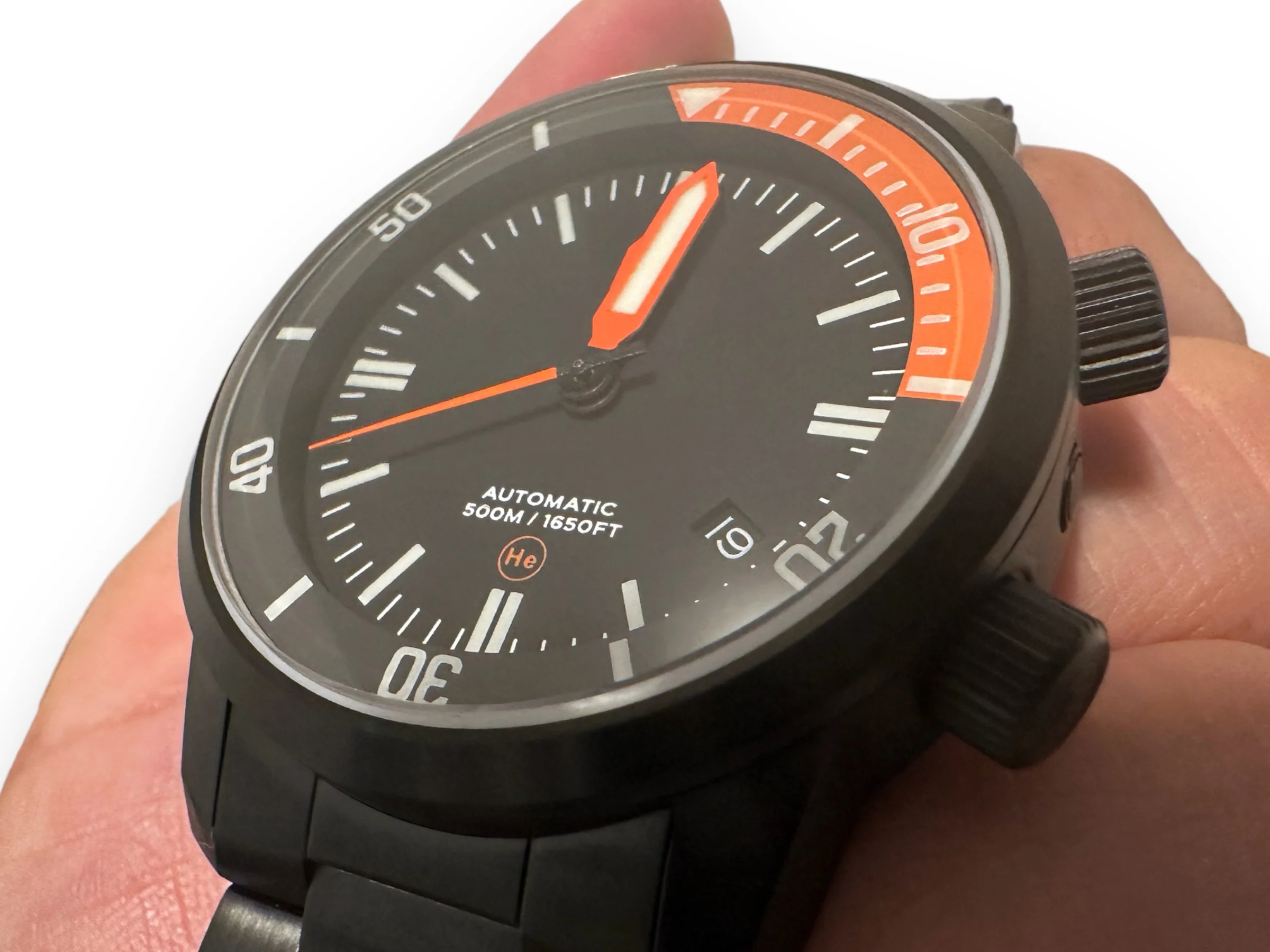 Black DLC - Stainless Steel DC-50 Dual Crown 50ATM Diver Automatic Watch With Date + Bracelet by Maratac® - Image 6